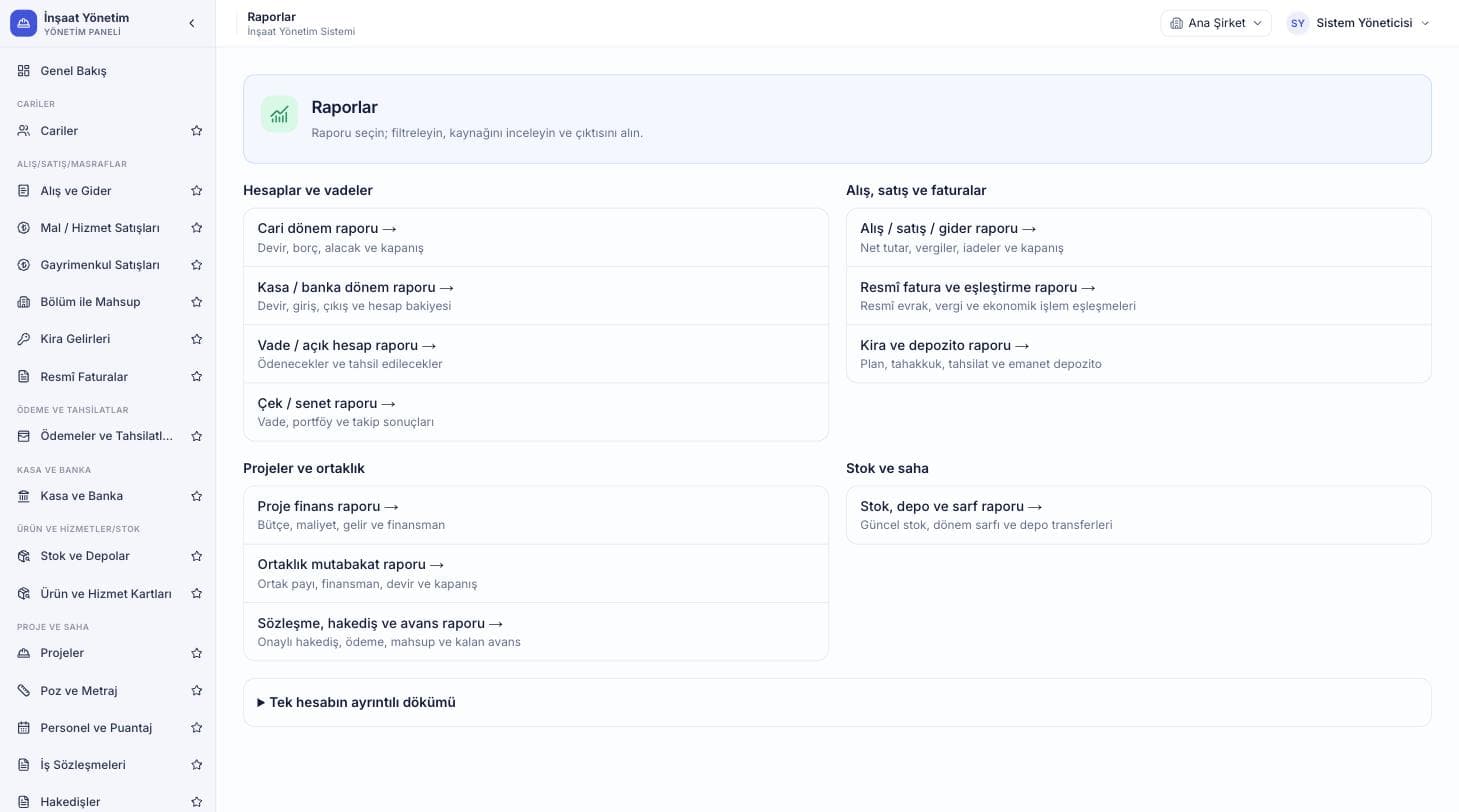 Construction management system: reports screen (Turkish interface)